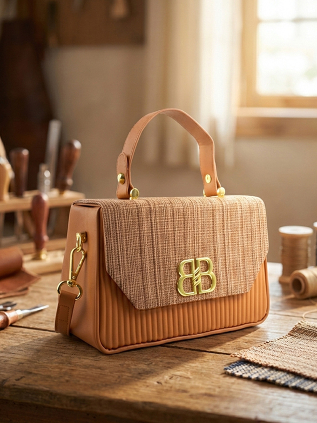 Ajanta Textured Structured Handheld Bag with Applique