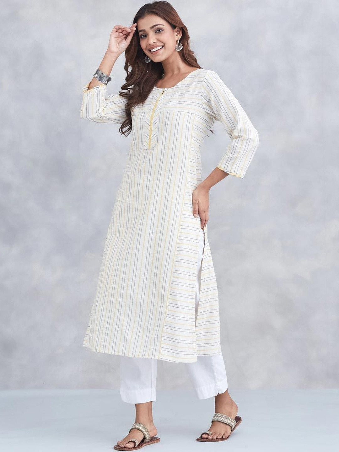 Fabindia Women Striped Flared Sleeves Thread Work Kurta