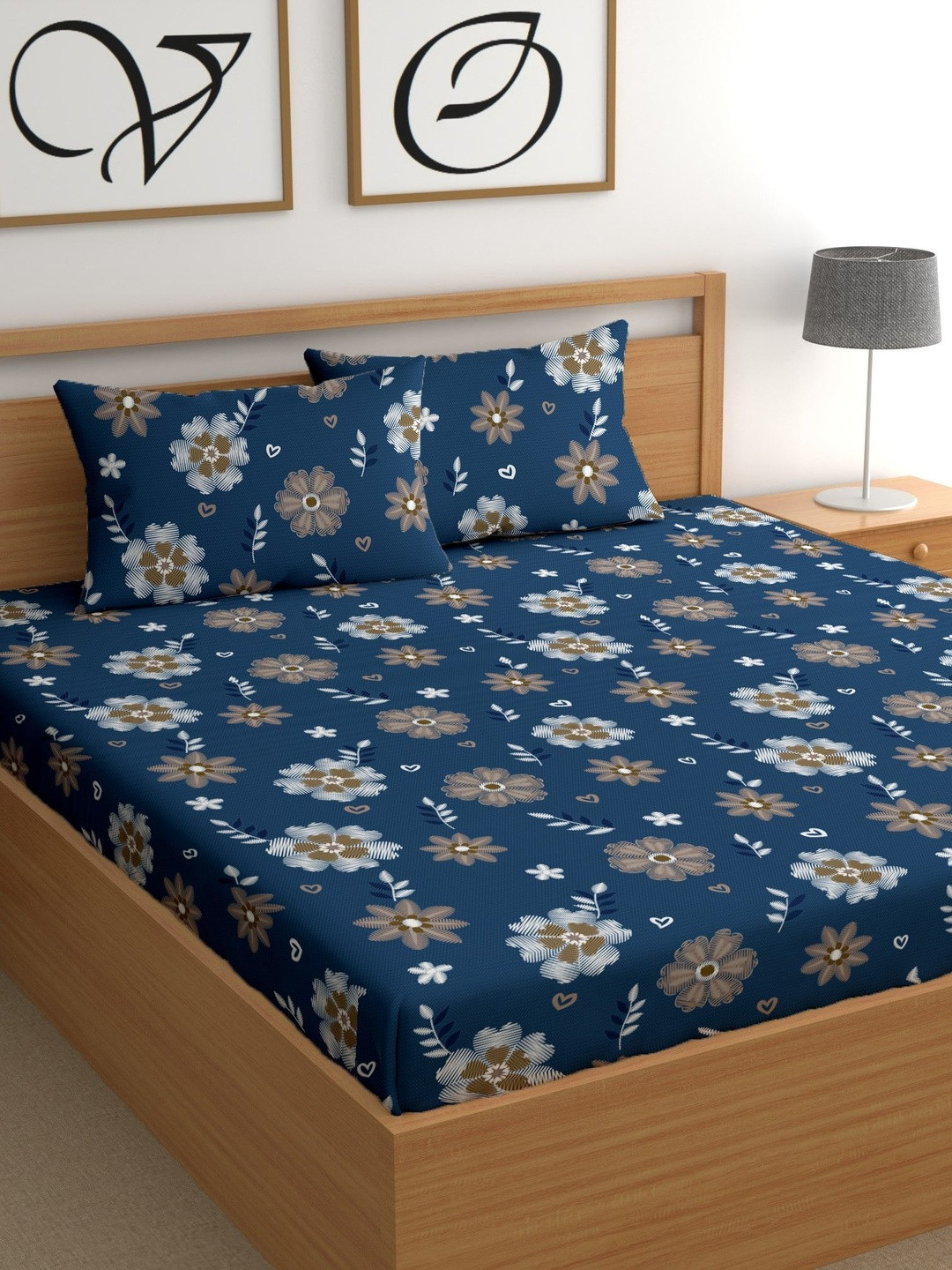 CHHAVI INDIA Navy Blue Floral 180 TC Bedsheet with 2 Pillow Covers