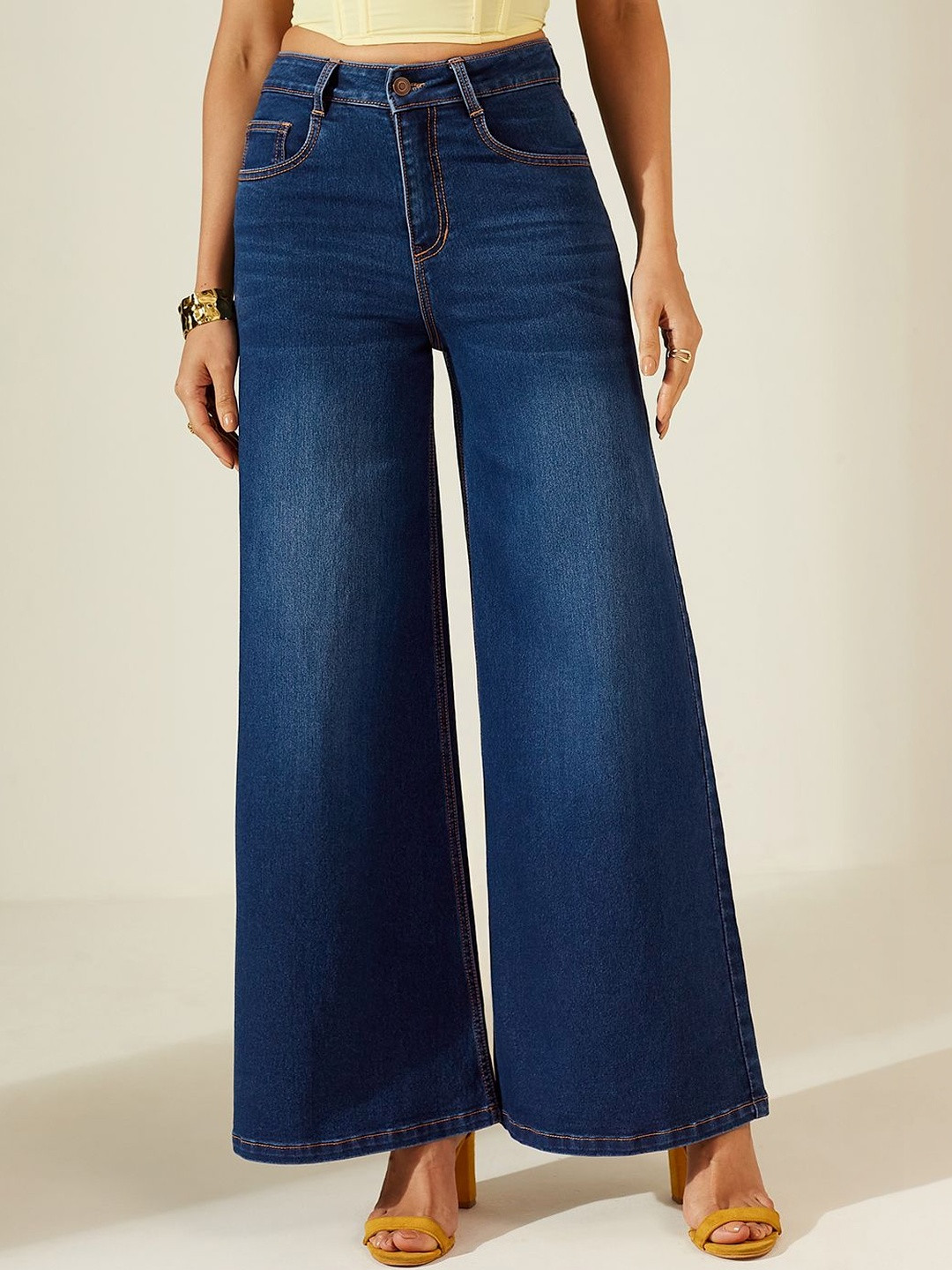 Miss Chase Womens Navy Blue Baggy High Rise Clean Look Regular Denim Jeans