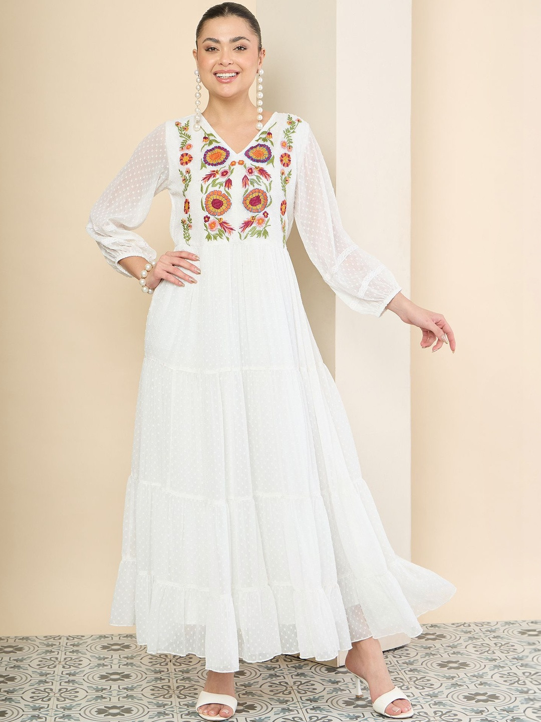 Antheaa Floral Embroidered Chiffon A-Line Maxi Dress