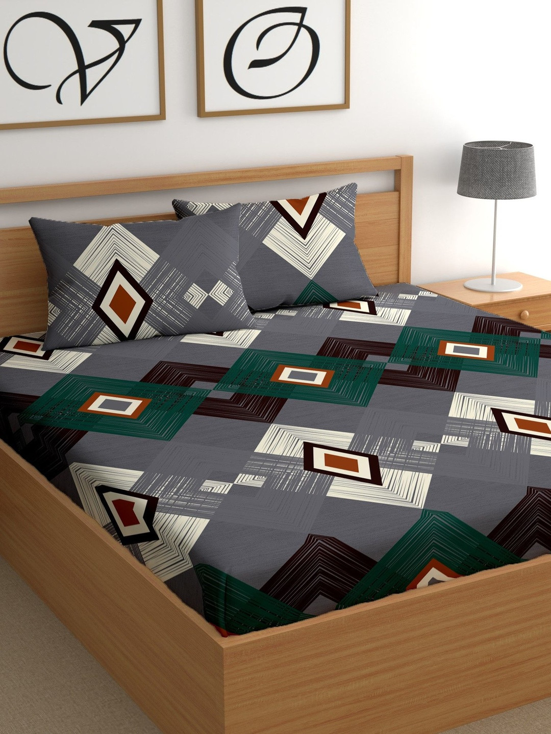 CHHAVI INDIA Grey Geometric 180 TC Bedsheet with 2 Pillow Covers