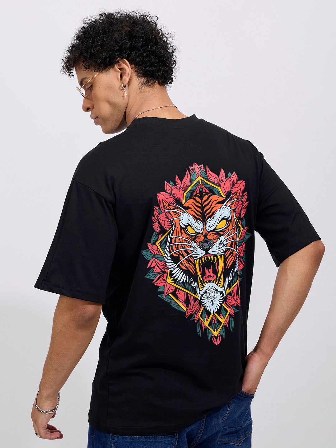 MyDesignation Reflective Printed Drop-Shoulder Sleeves Cotton Oversized T-shirt