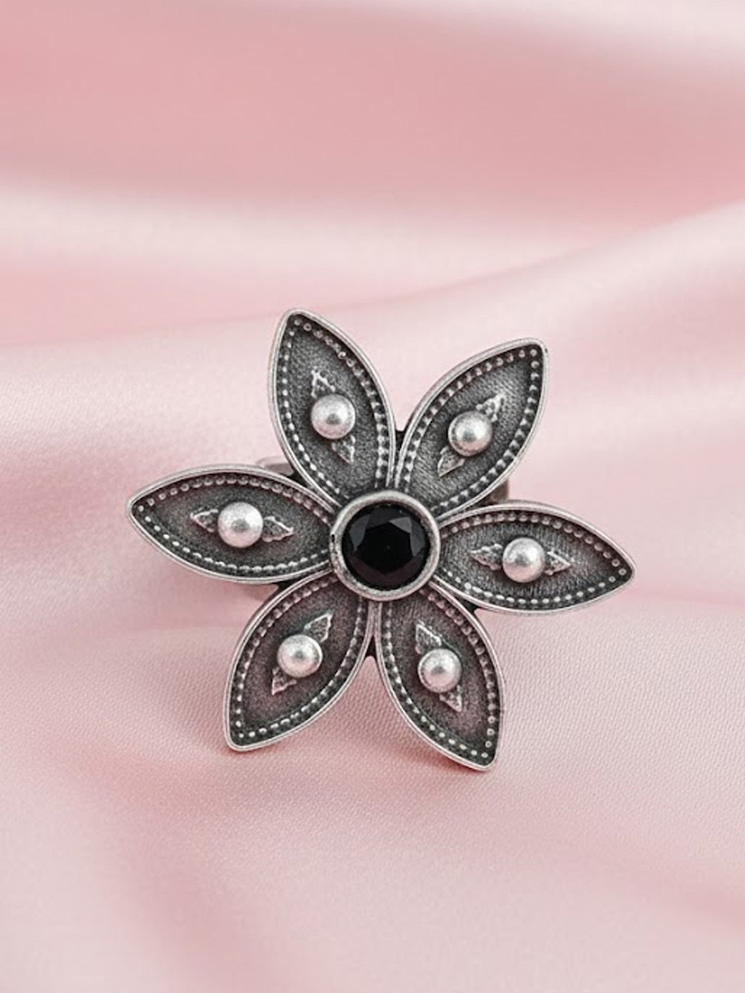 Adwitiya Collection Oxidized Silver-Plated Black Stone-Studded Adjustable Finger Ring