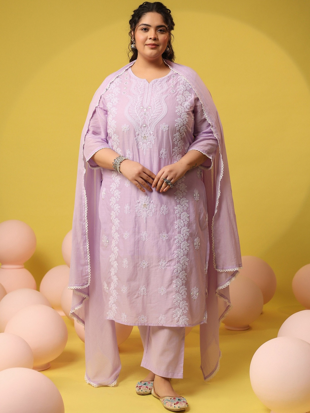 SCAKHI Women Embroidered Regular Chikankari Pure Cotton Kurta with Trousers & With Dupatta