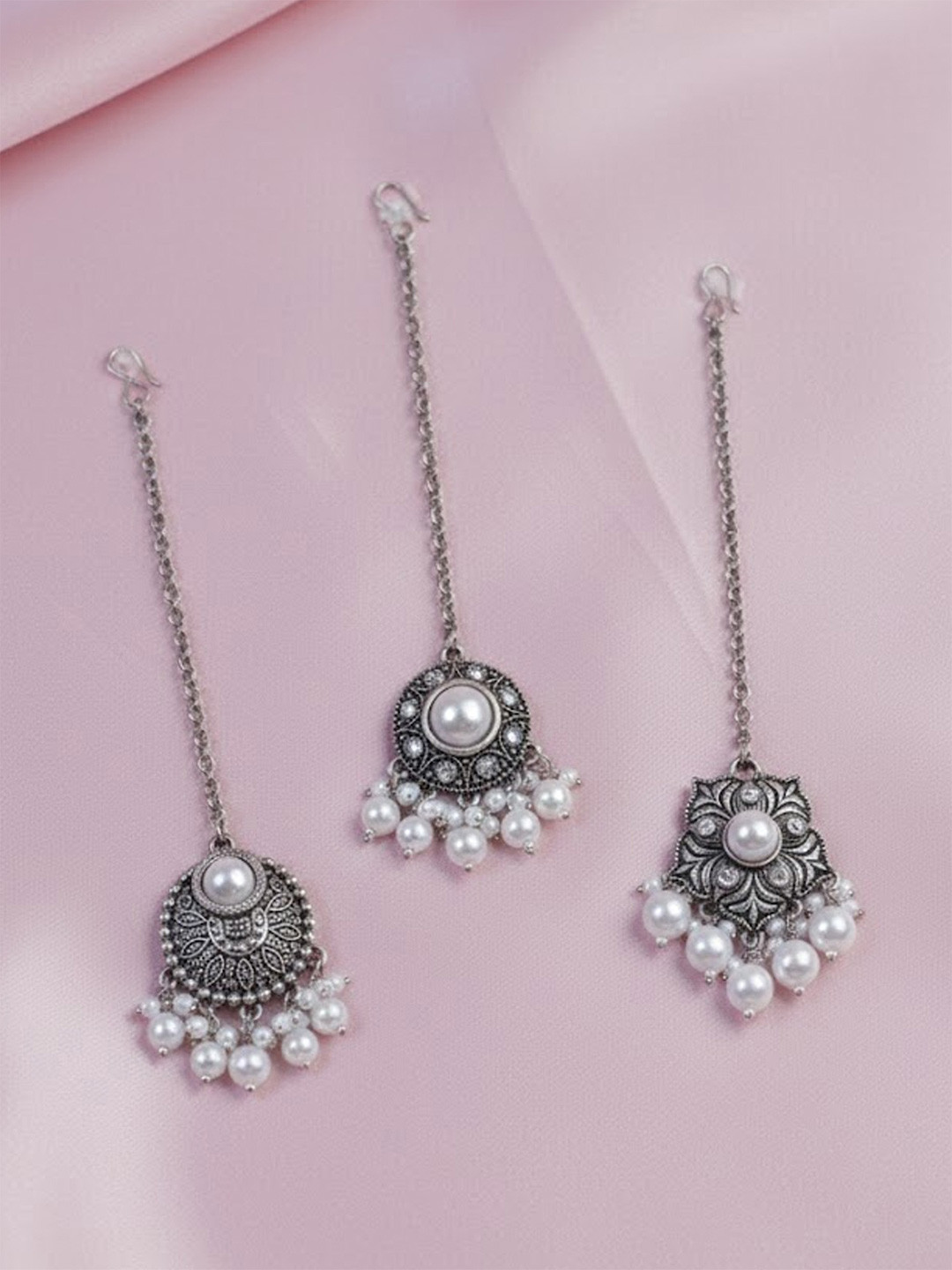 Adwitiya Collection Set Of 3 Silver-Plated Pearl-Studded Maangtika