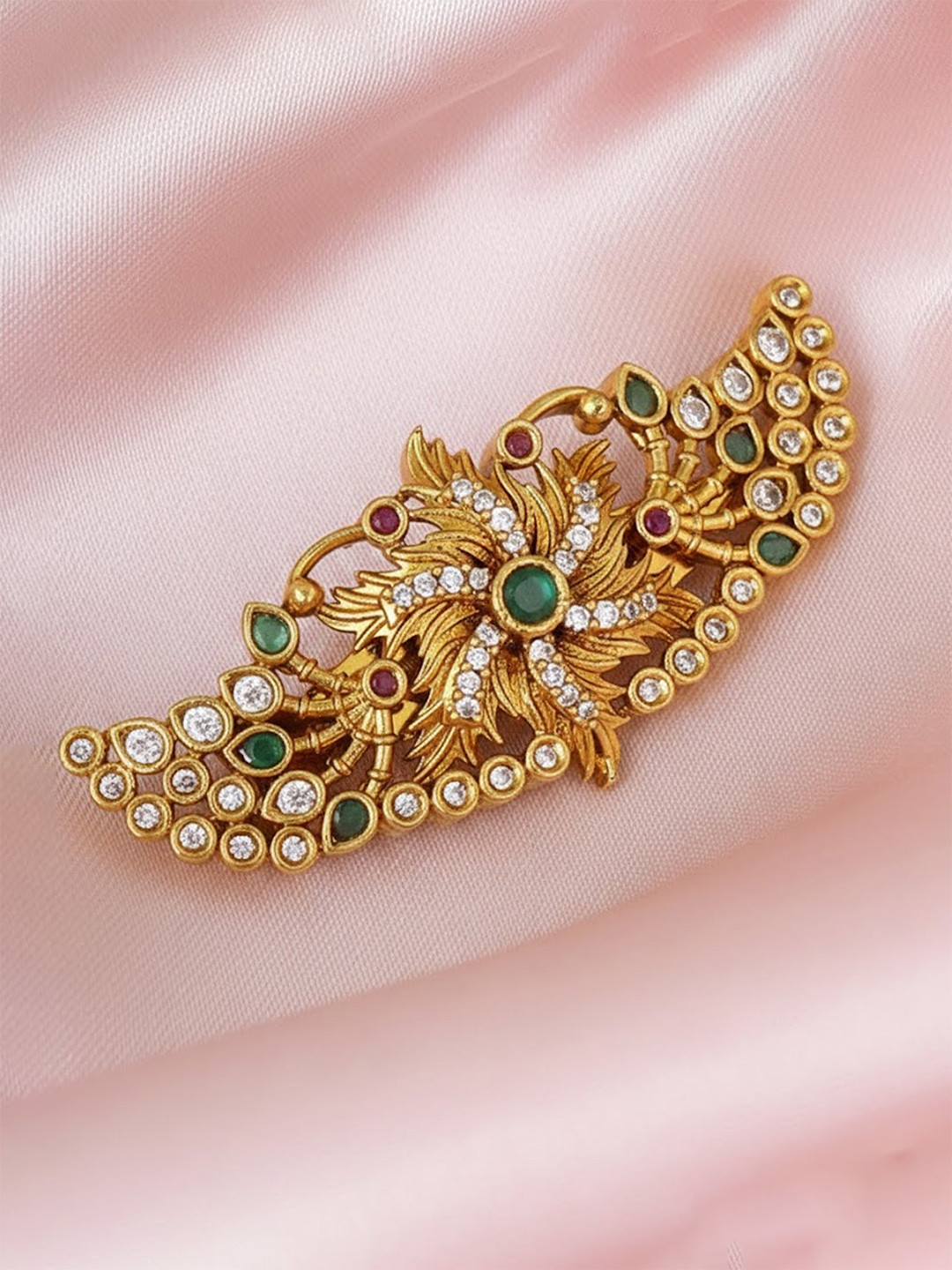 Adwitiya Collection Gold-Plated CZ & Stone-Studded Crescent Floral Saree Pin Brooch