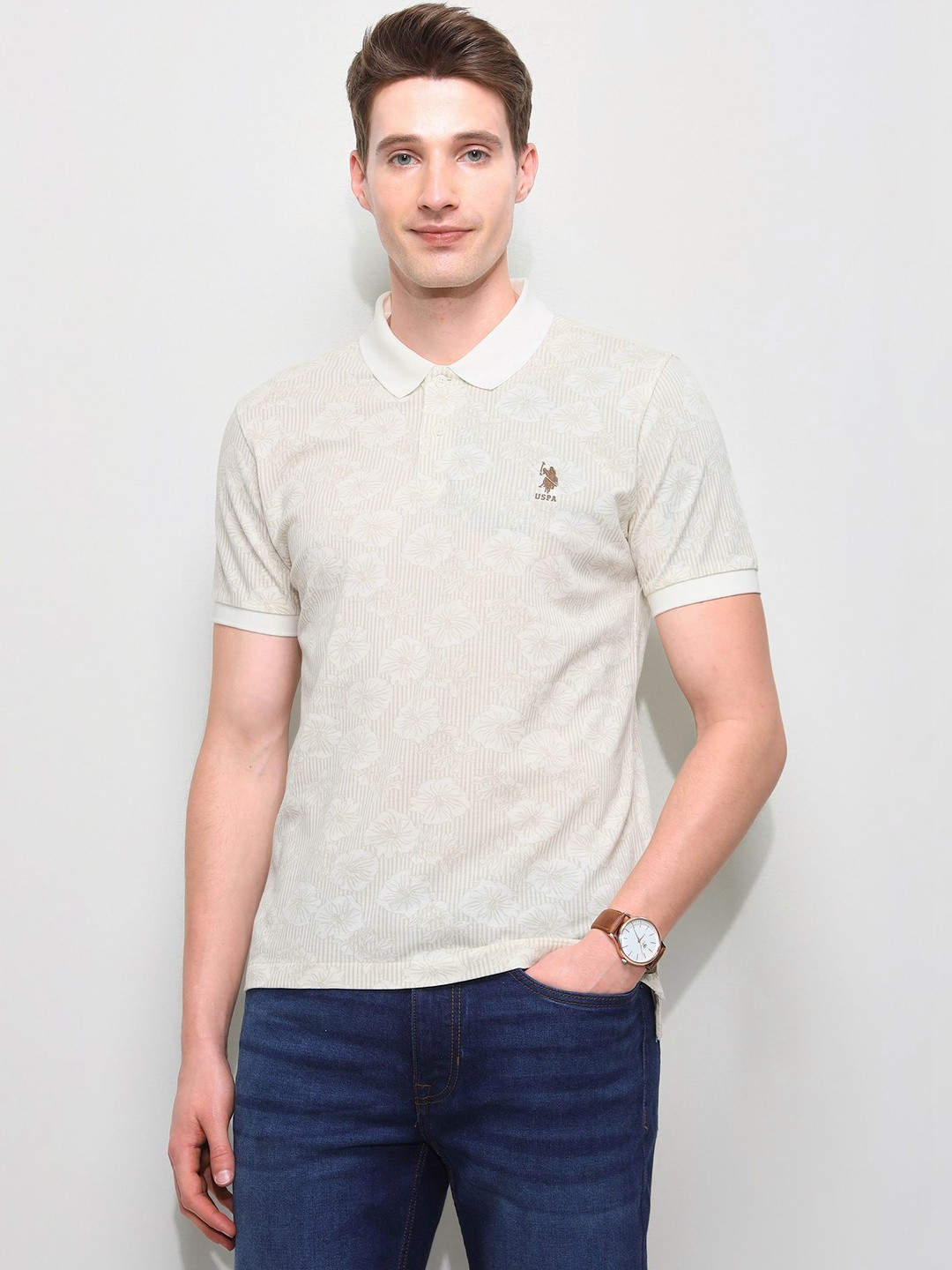 U.S. Polo Assn.Floral Vertical Striped Pure Cotton Polo Collar T-shirt
