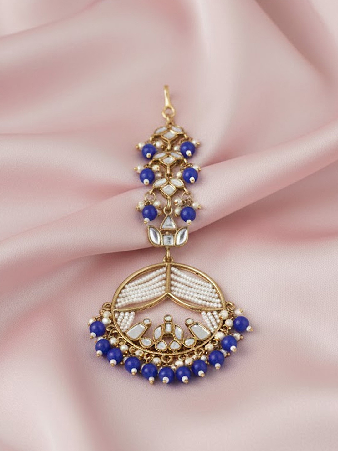 Adwitiya Collection 24CT Gold-Plated White & Blue Stone-Studded & Beaded Antique Maang Tikka