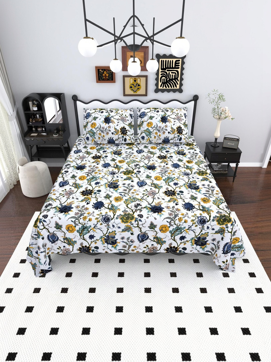 MAFATLAL White Floral 144 TC King Bedsheet with 2 Pillow Covers