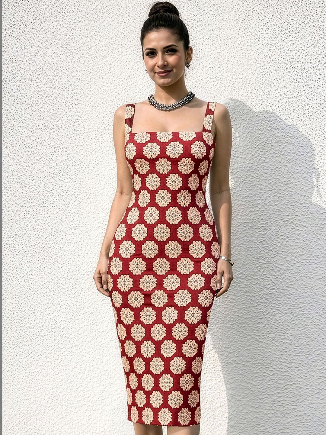 MULVARI Ethnic Motifs Bodycon Midi Dress