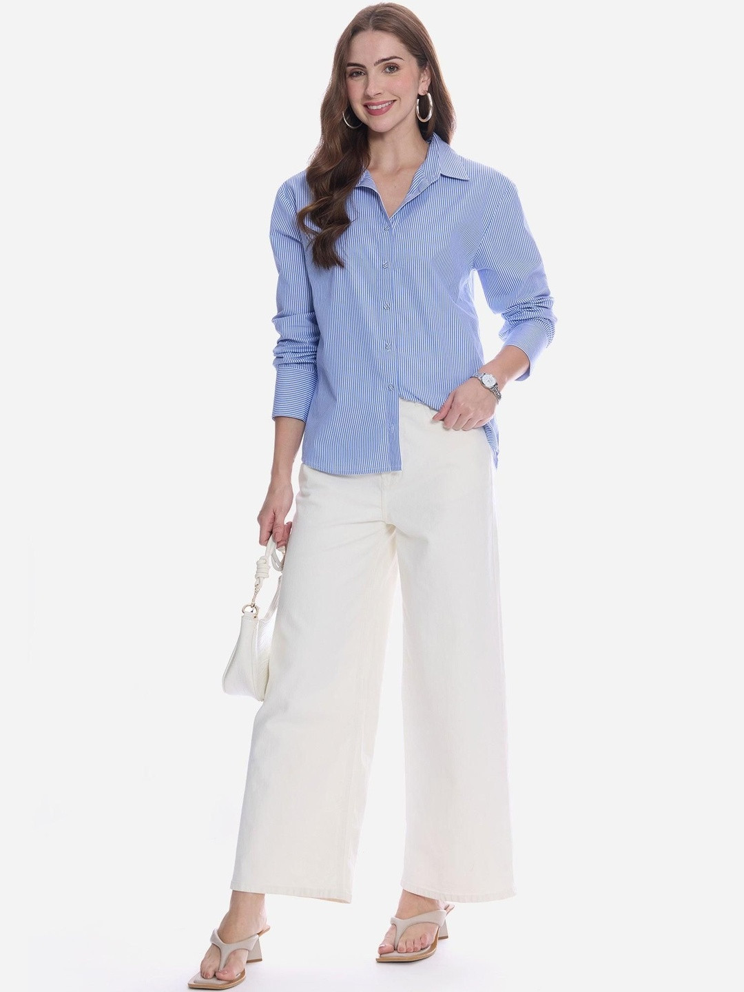 Virgio Striped Cotton Button-Down Collar Long Sleeves Shirts for Women
