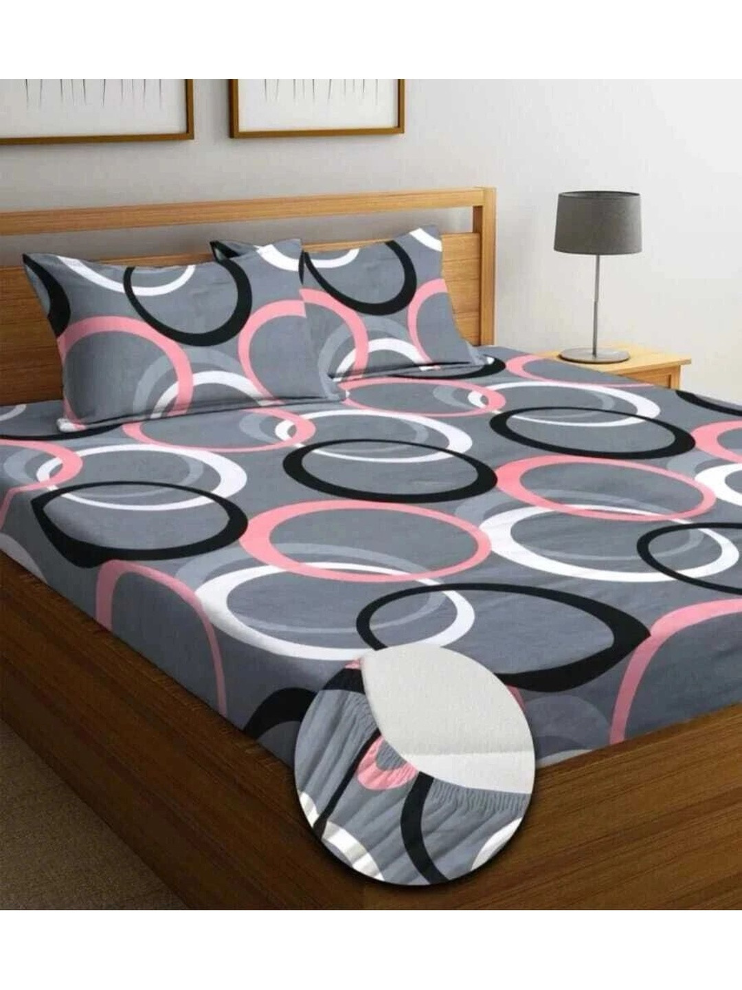 DECENT HOME Grey Geometric Bedsheet with 2 Pillow Covers