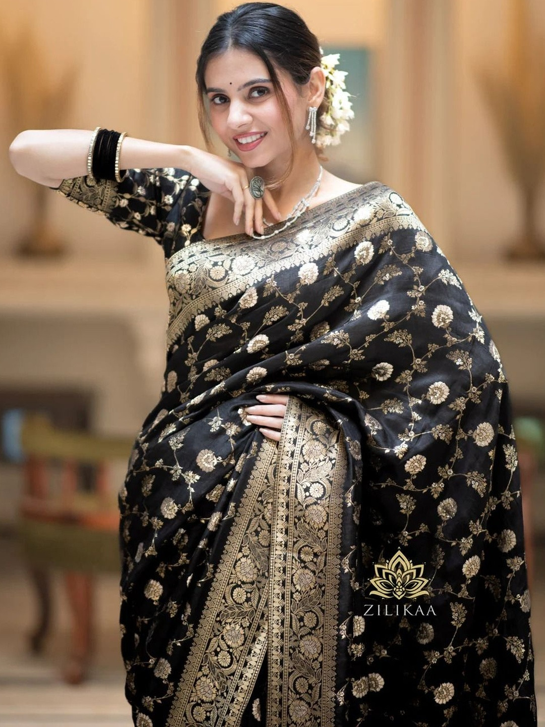 HERE&NOW Floral Zari Silk Blend Heavy Work Saree