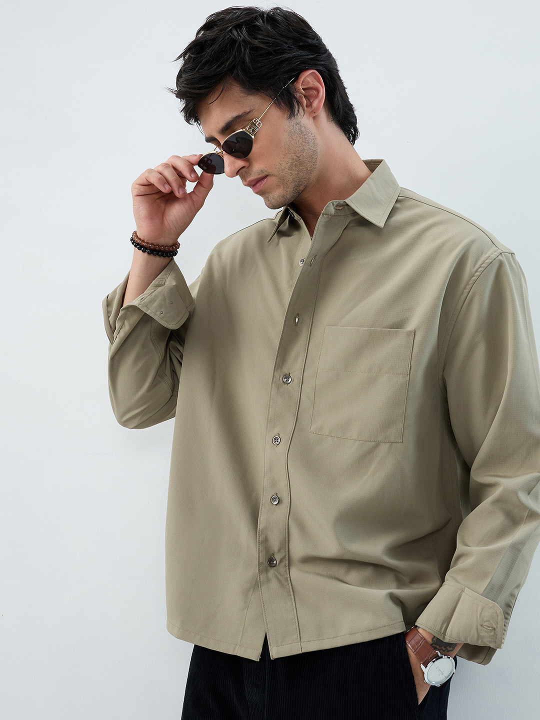 VASTRADO Refined Olive Mist Soft-Weave Boxy Fit Crop Shirt