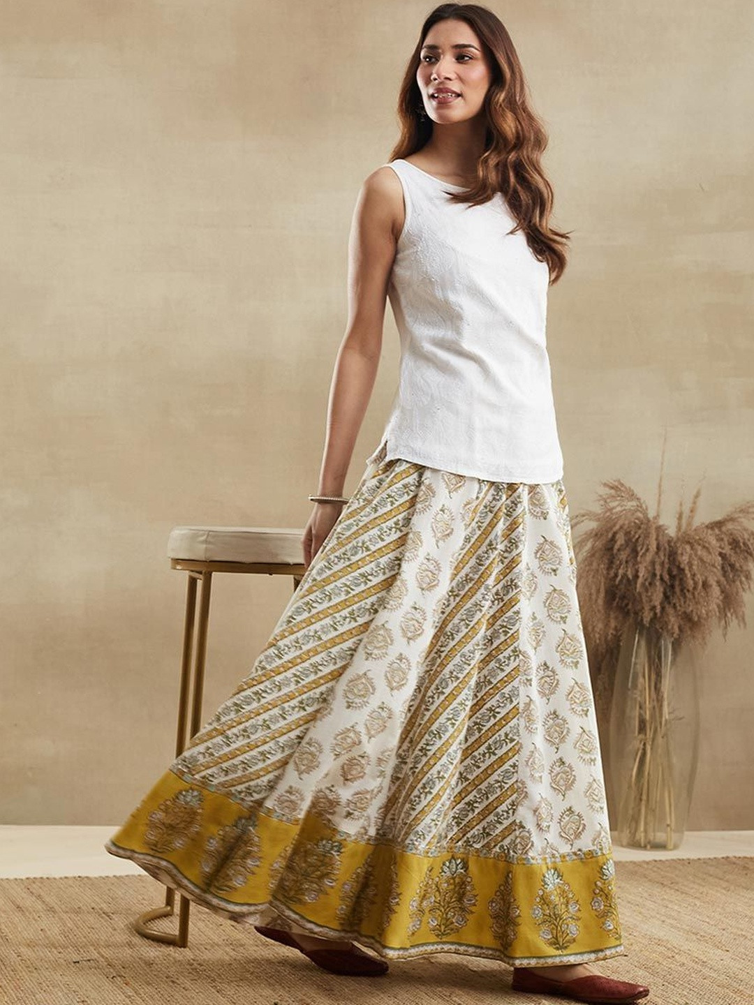 Fabindia Women Cotton Floral Maxi Flared Skirt