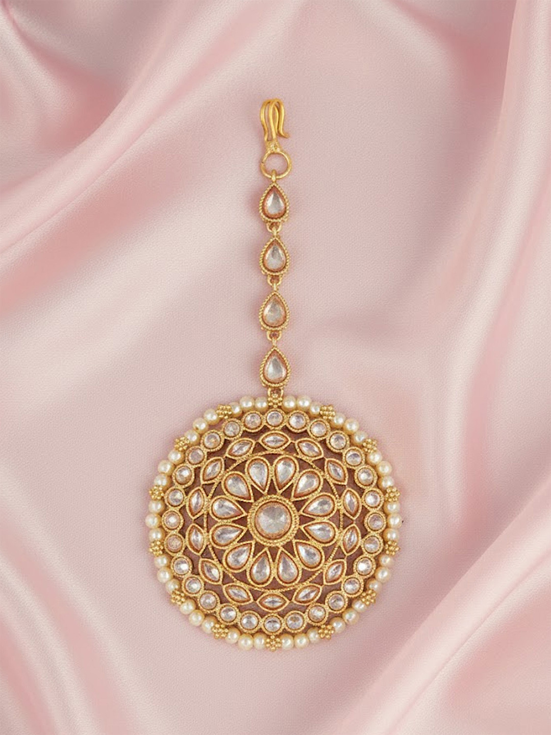 Adwitiya Collection 24 kt Gold-Plated Cream-Colored Stone-Studded Pearl-Beaded Maang Tikka