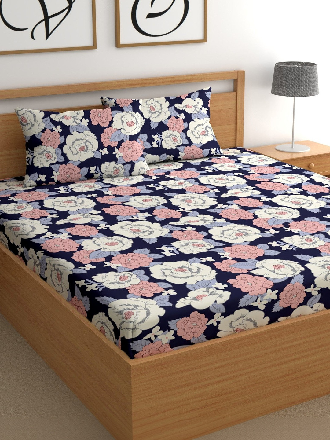 CHHAVI INDIA Navy Blue Floral 180 TC Bedsheet with 2 Pillow Covers
