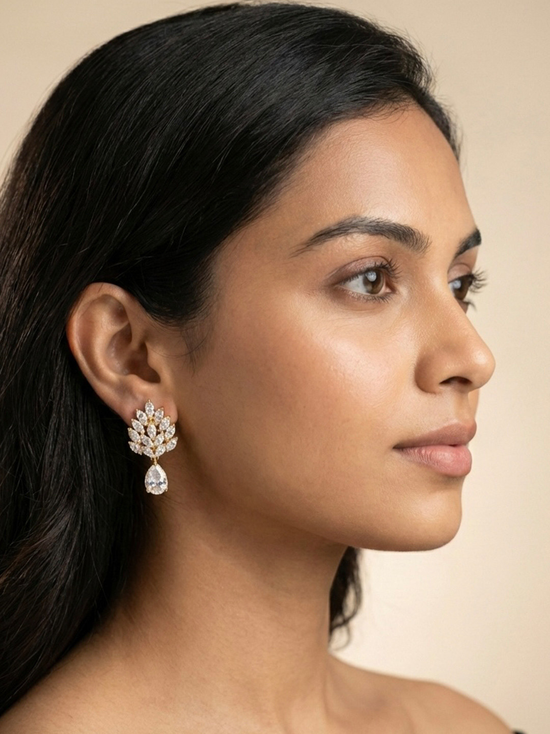 JEWELOPIA Gold-Plated Brass American Diamond Studs