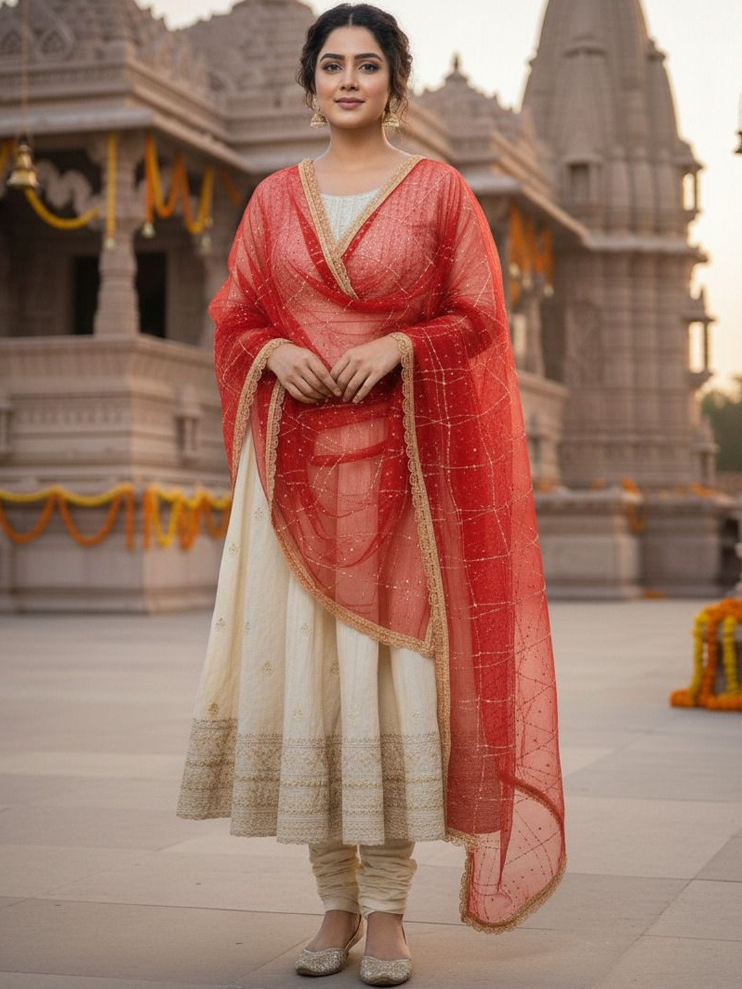 Komurr Net Dupatta with Sequin Work and Lace Border