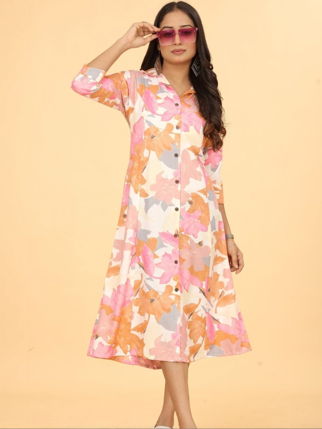 Kesudi Floral Print Shirt Midi Dress