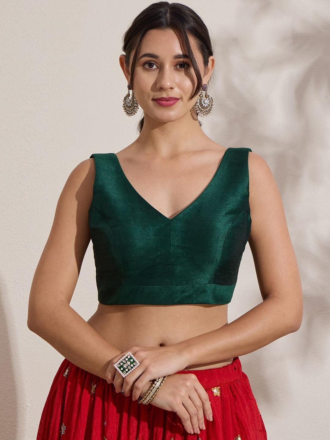 The Blouse Originals Metallic Green Silk Brocade V-Neck Readymade Saree Blouse