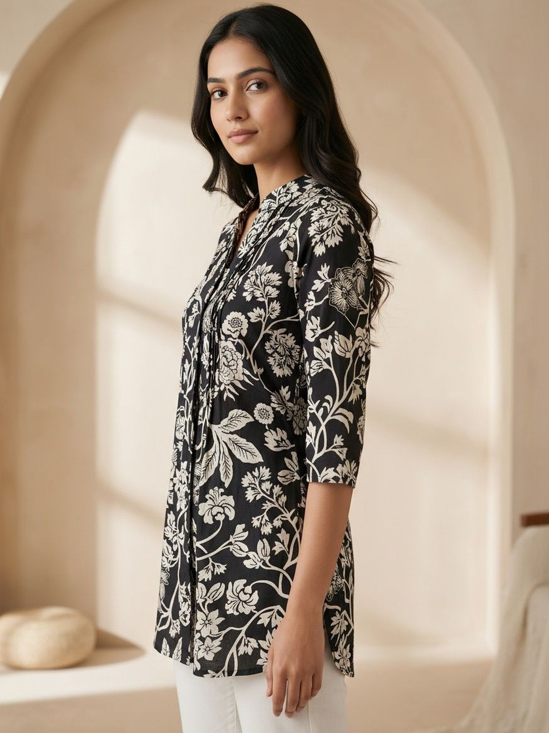 Hive91 Viscose Rayon Mandarin Collar Printed Tunic
