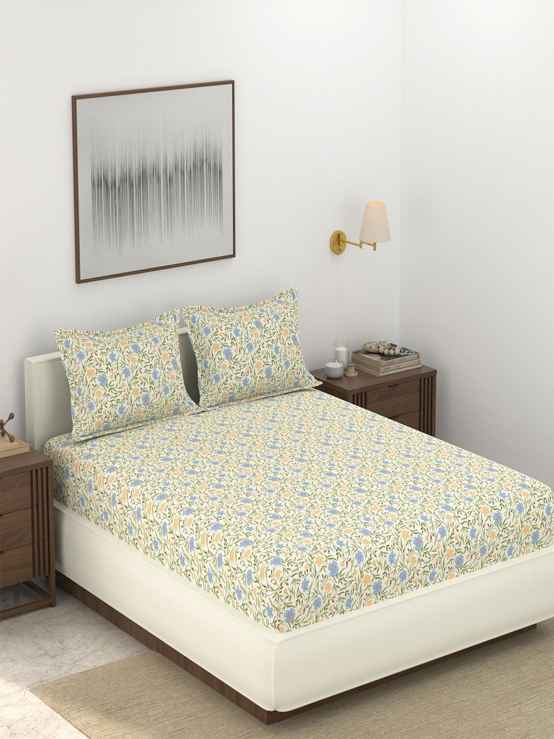 Portico Cream-Coloured & Green Floral 144 TC Bedsheet with 2 Pillow Covers