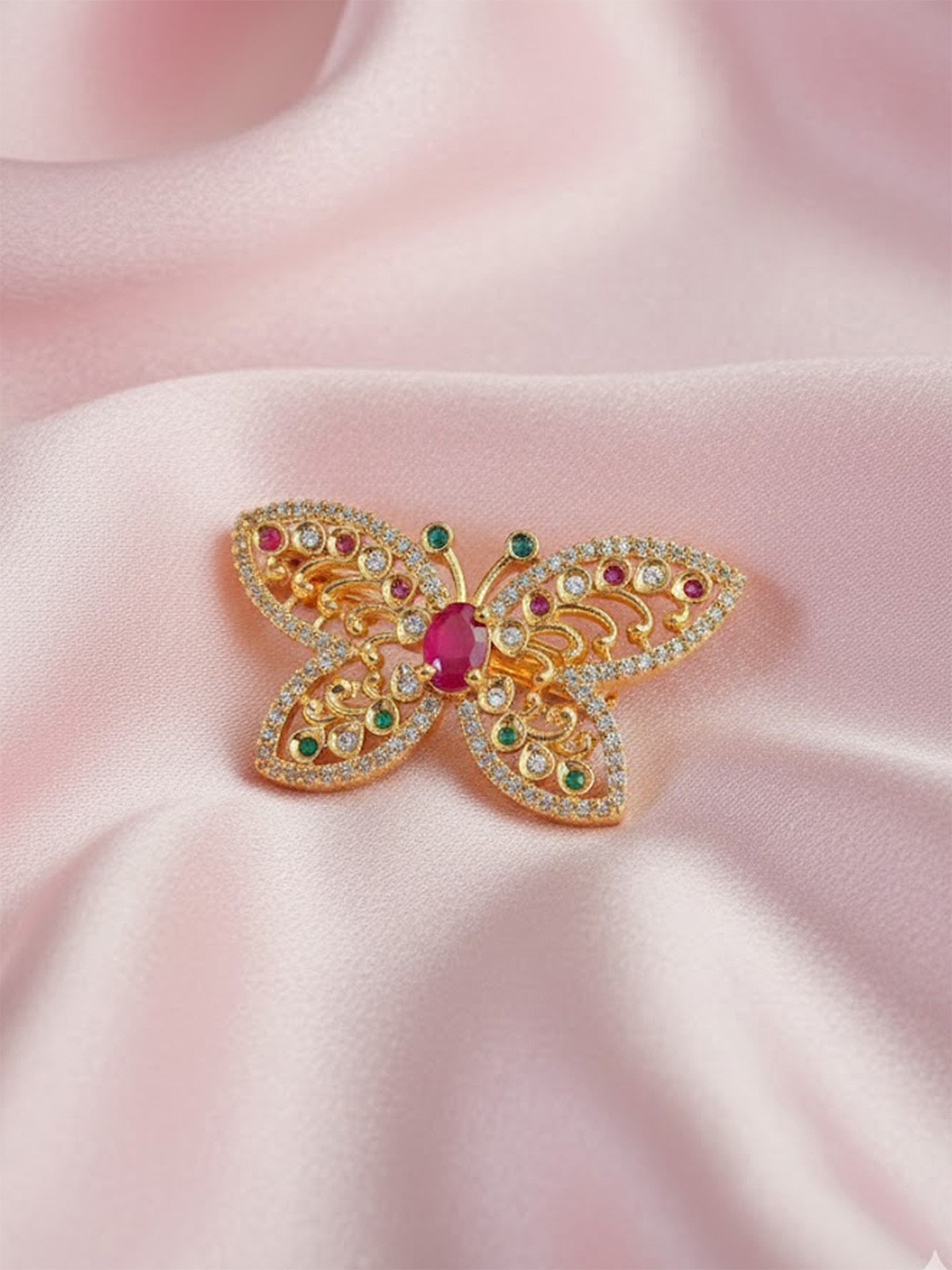 Adwitiya Collection Gold-Plated CZ & Multicolor Stone-Studded Butterfly Saree Pin Brooch