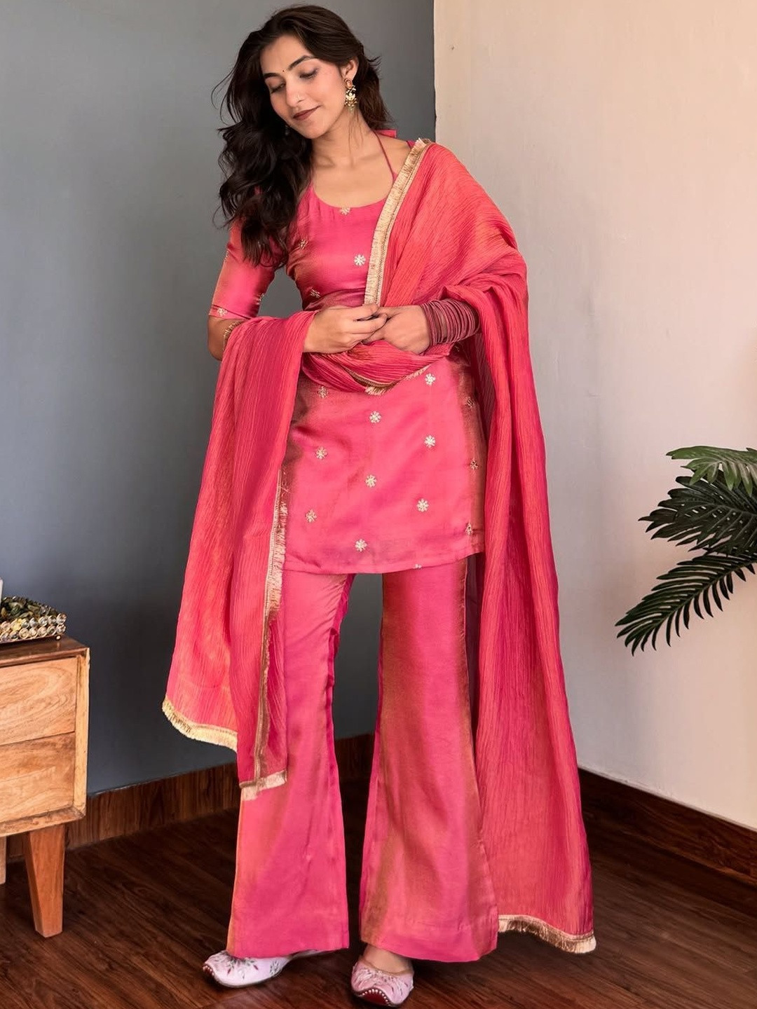 SWORNY FASHION Women Ethnic Motifs Embroidered Regular Thread Work Kurta with Palazzos & With Dupatta