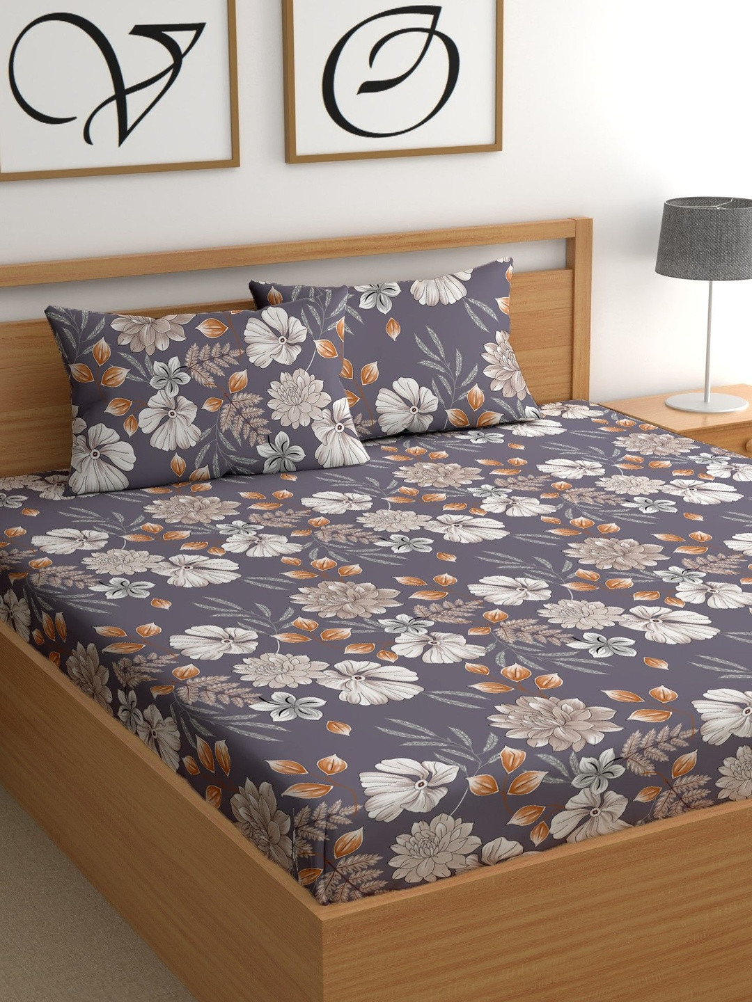 CHHAVI INDIA Grey Floral 180 TC King Bedsheet with 2 Pillow Covers