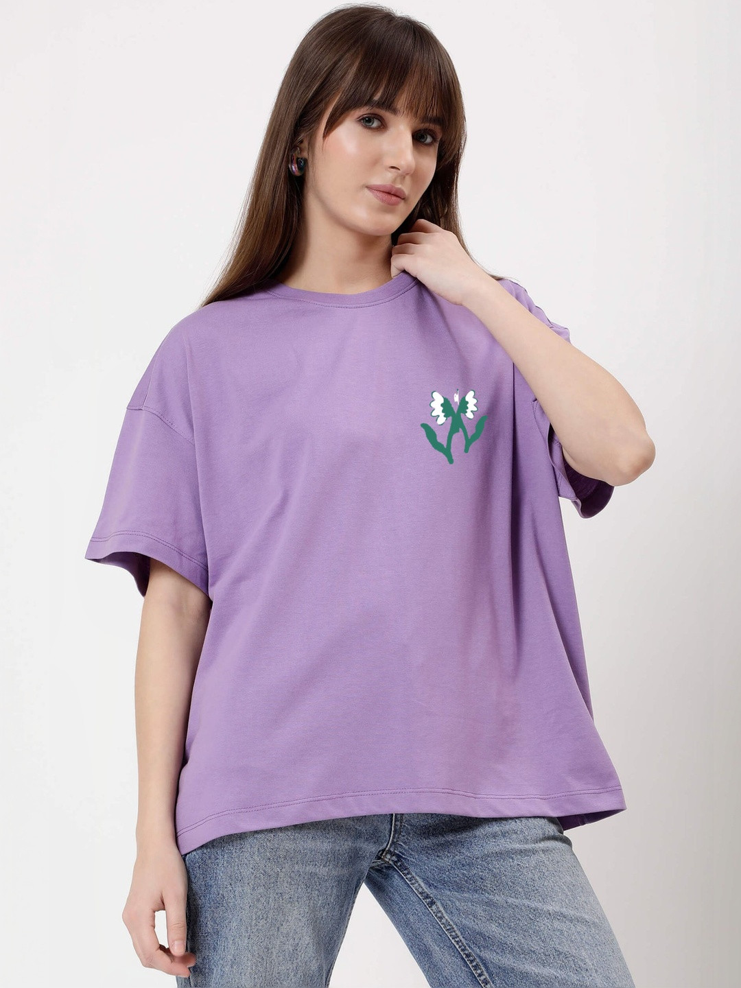 RAYACLOSET Graphic Printed Round Neck Drop-Shoulder Sleeves Cotton T-shirt