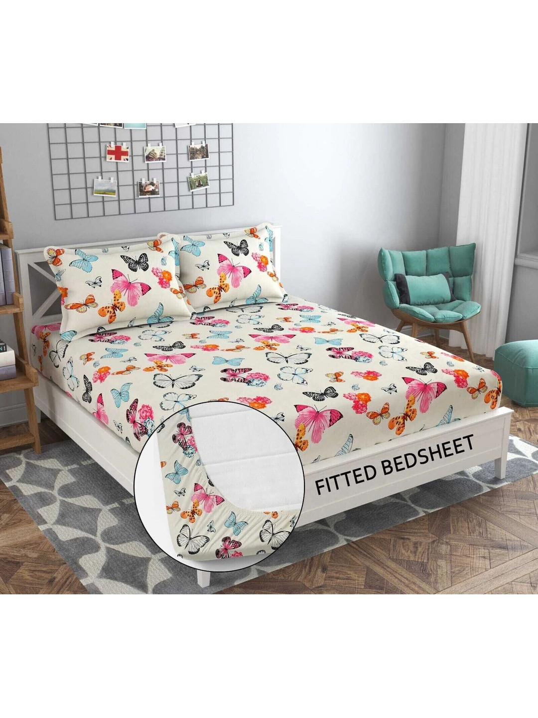 DECENT HOME Off White & Multicoloured Conversational King Bedsheet with 2 Pillow Covers