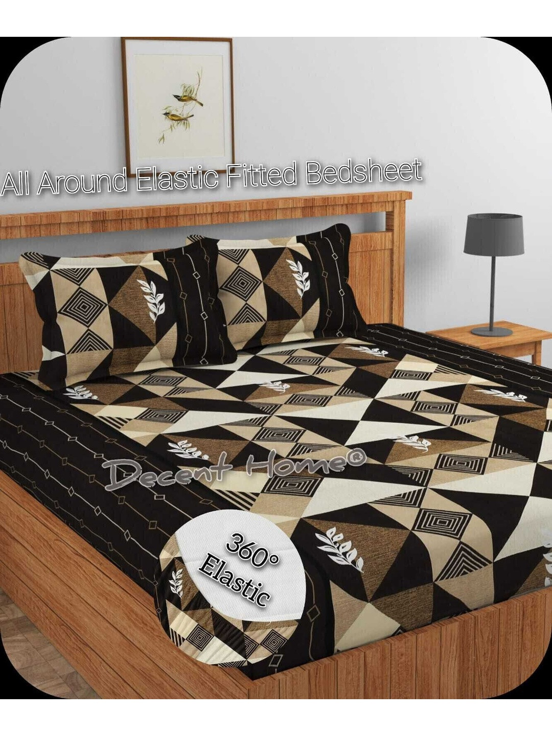 DECENT HOME Black Geometric Bedsheet with 2 Pillow Covers
