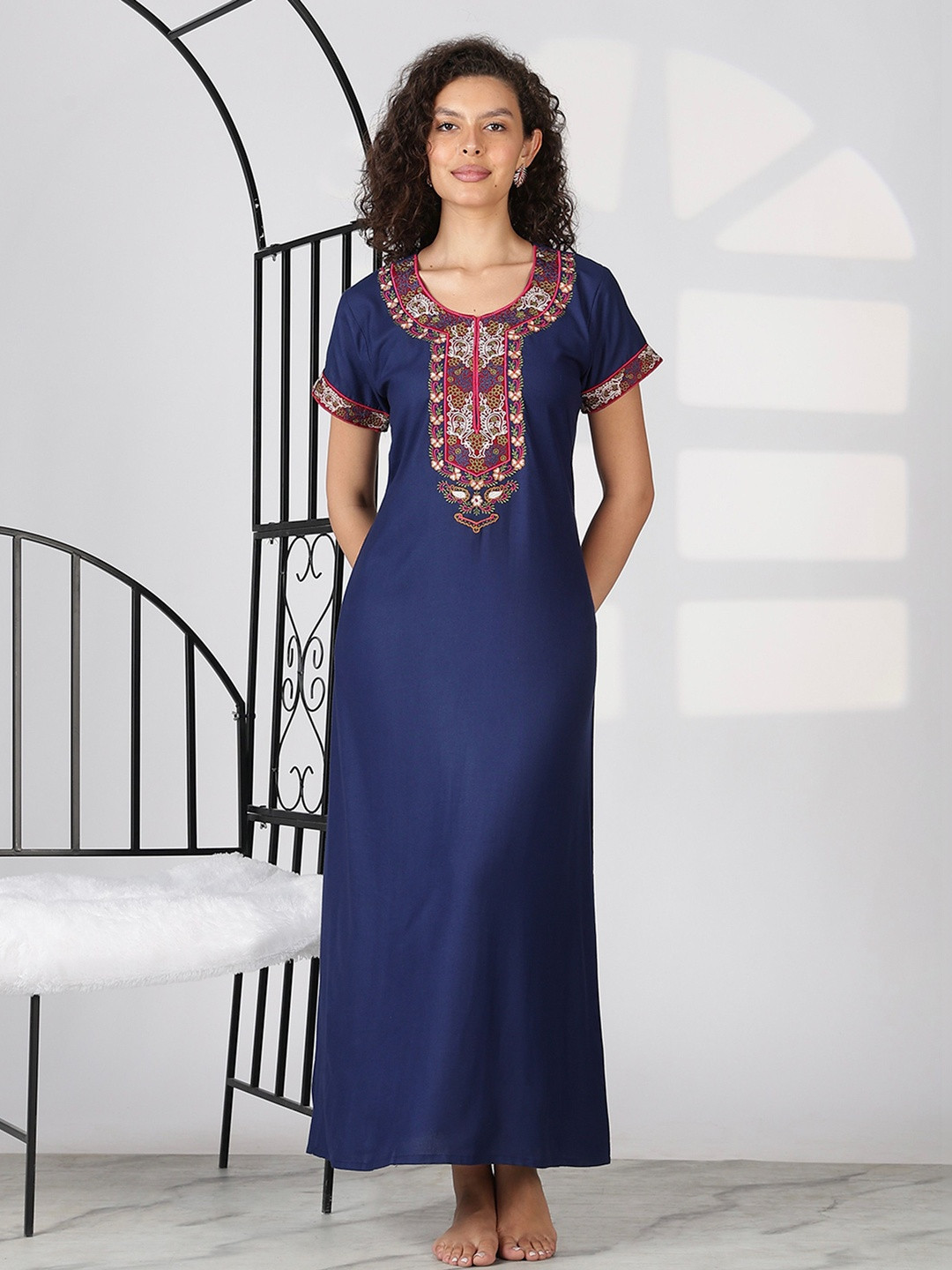 9shines Label Women Floral Embroidered Alpine Maxi Nightdress