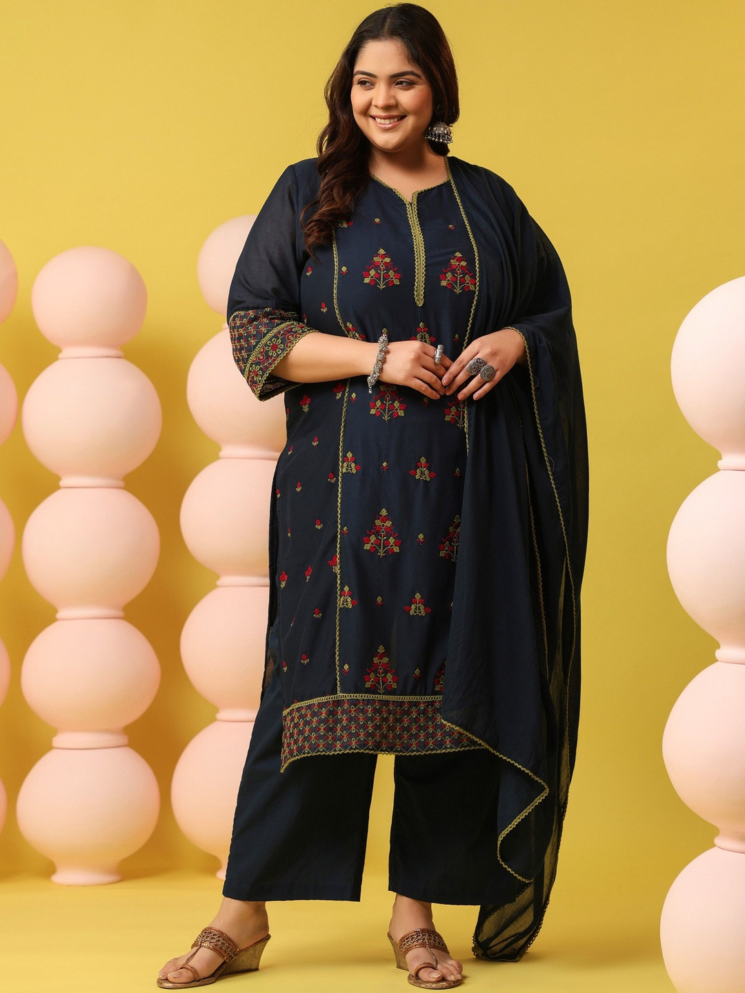 SCAKHI Women Embroidered Thread Work Cotton Mulmul Kurta with Trousers & With Dupatta
