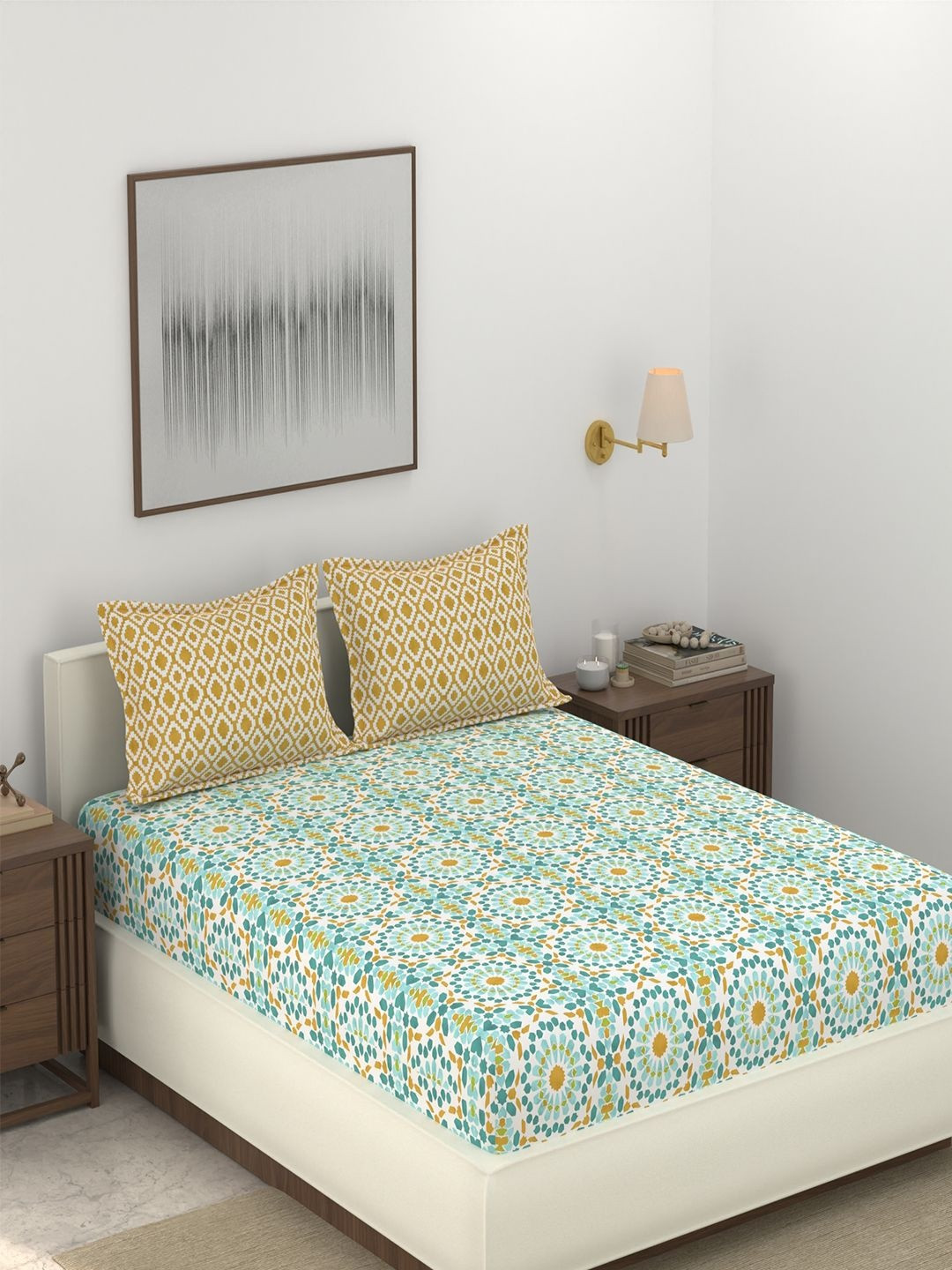 Portico White & Yellow Geometric 144 TC Bedsheet with 2 Pillow Covers