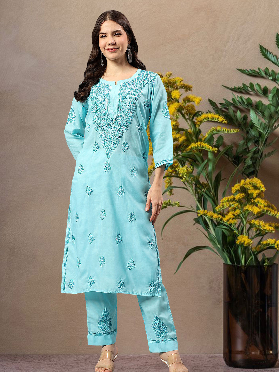 Seva Chikan Women Ethnic Motifs Embroidered Regular Chikankari Kurta with Trousers