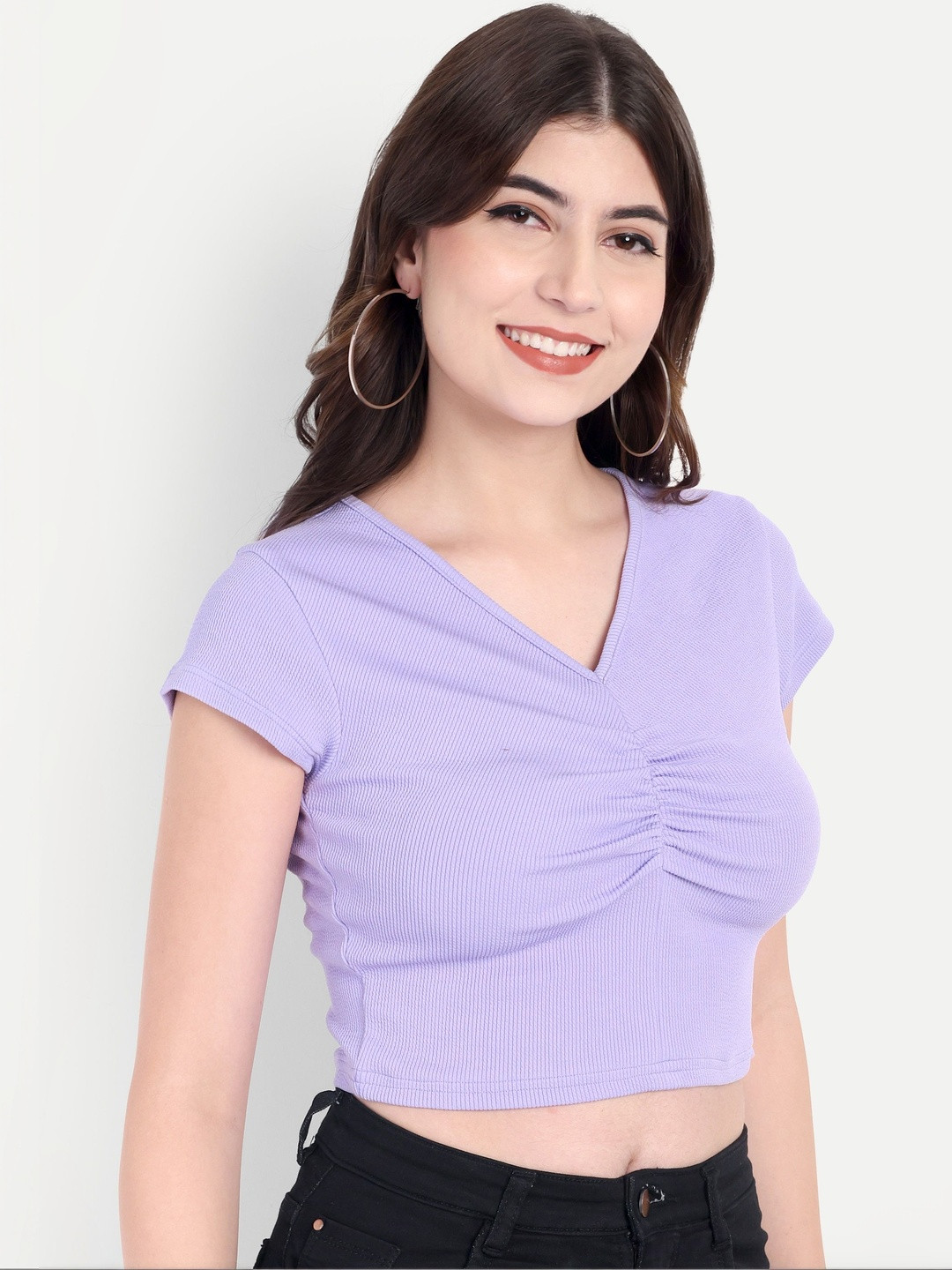 Lavender Ribbed V-Neck Crop Top