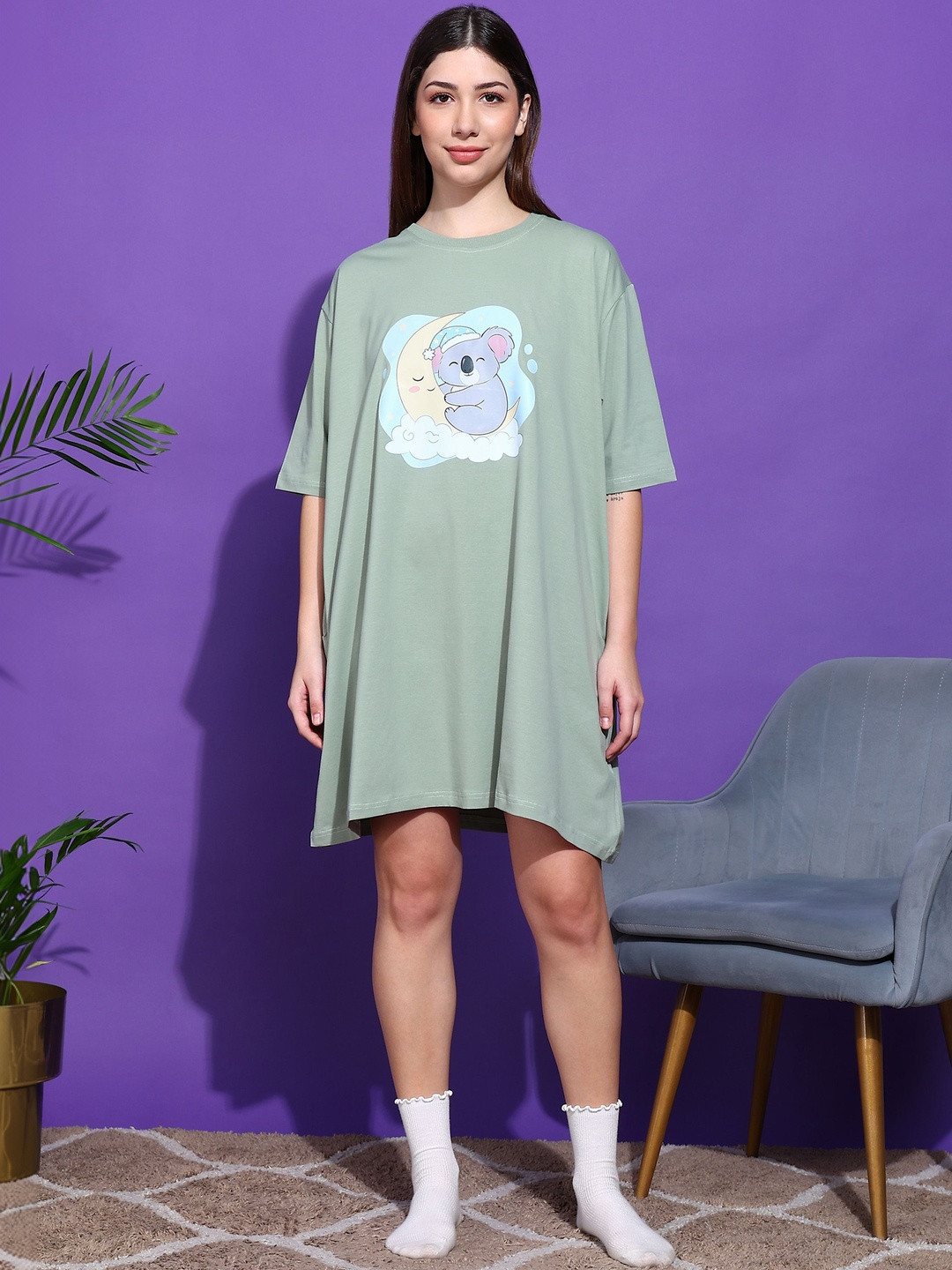 SWITCHOVER Printed Cotton Round Neck Nightdress