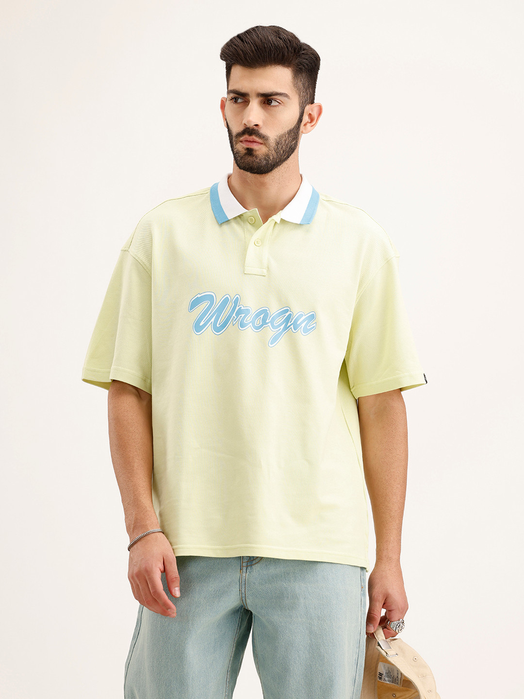 WROGN Brand Logo Printed Polo Collar Drop-Shoulder Sleeves Pure Cotton Oversized T-shirt