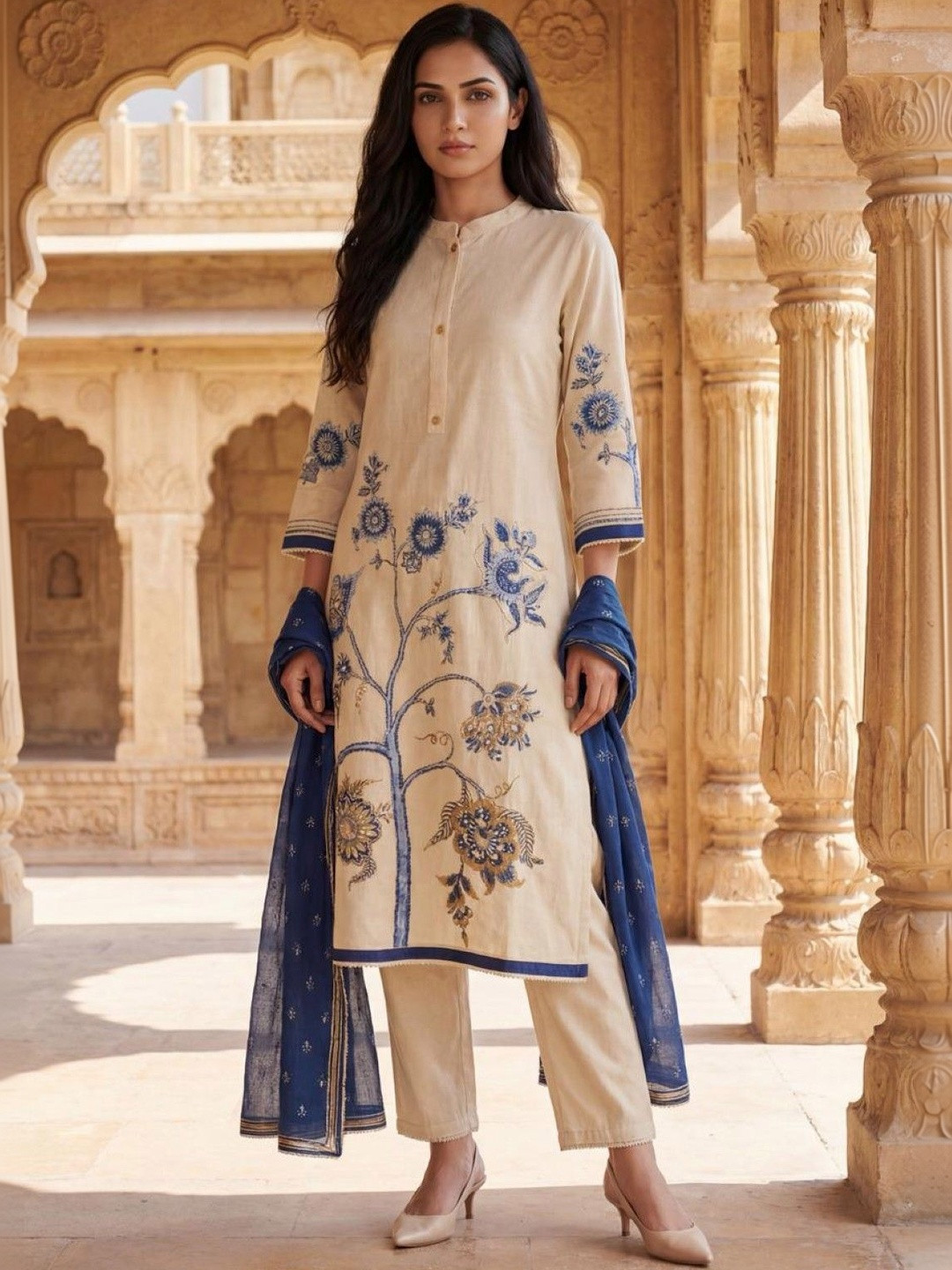 AUTUMN LANE Ethnic Motifs Printed Regular Pure Cotton Kurta with Trousers & Dupatta Set
