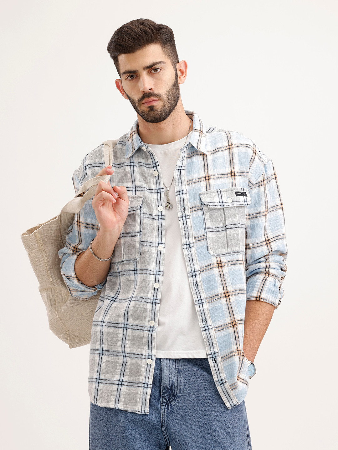 WROGN Checked Drop-Shoulder Sleeves Oversized Casual Shirt