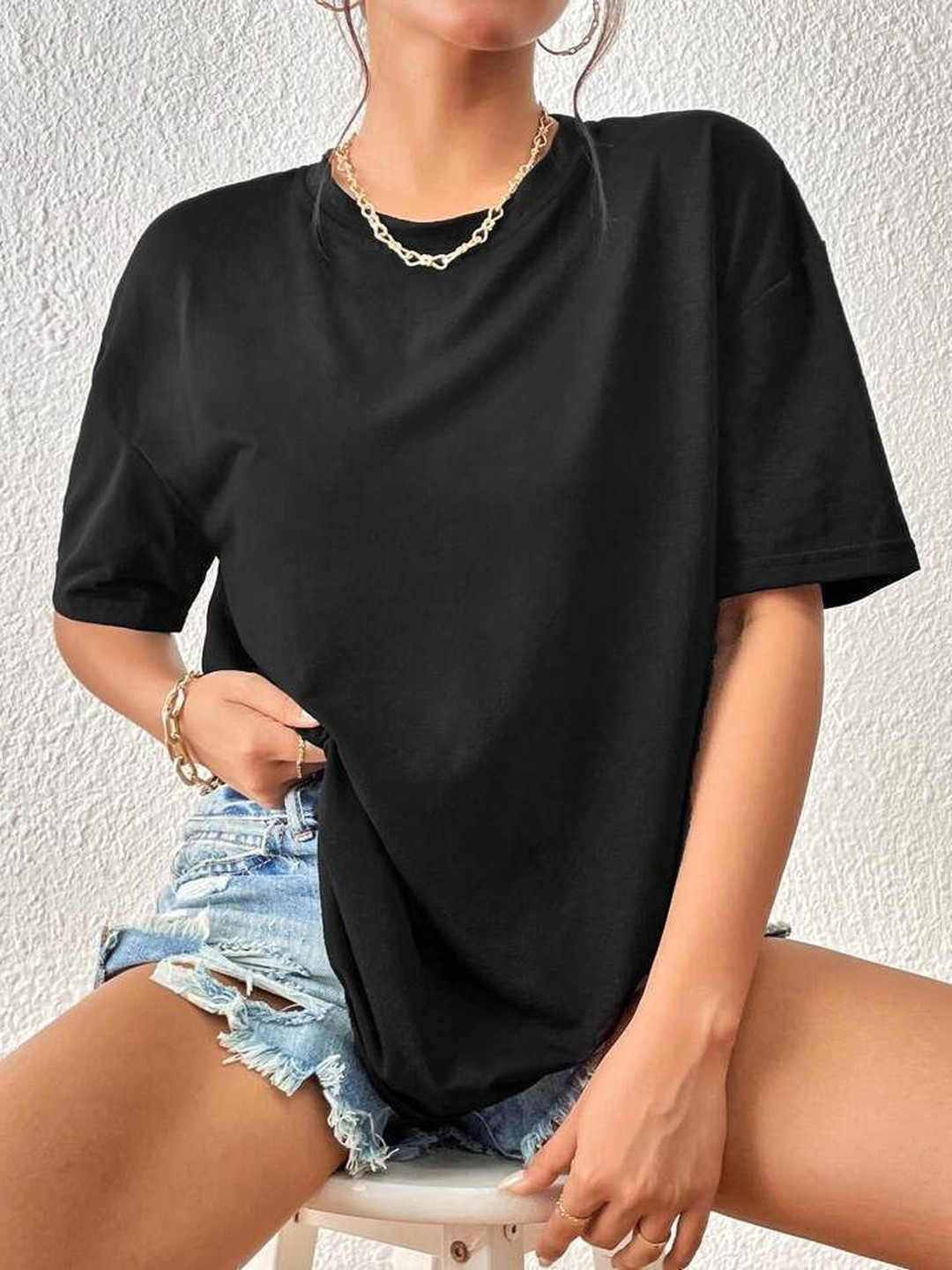 KASHIANXSTYLE Women Drop-Shoulder Sleeves Pure Cotton Blend T-shirt