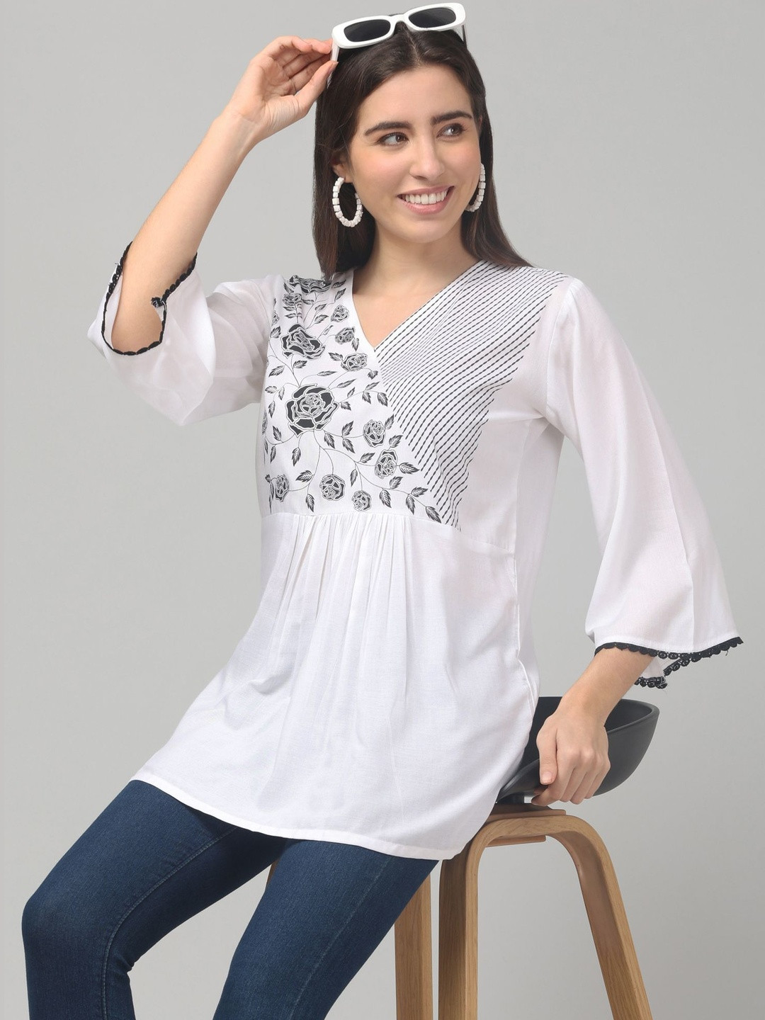 CROWN KING GARMENTS Floral Printed V-Neck Flared Sleeves Empire Kurti