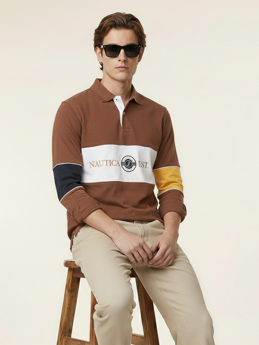 Nautica Long Sleeves Colourblocked Polo Collar T-shirt