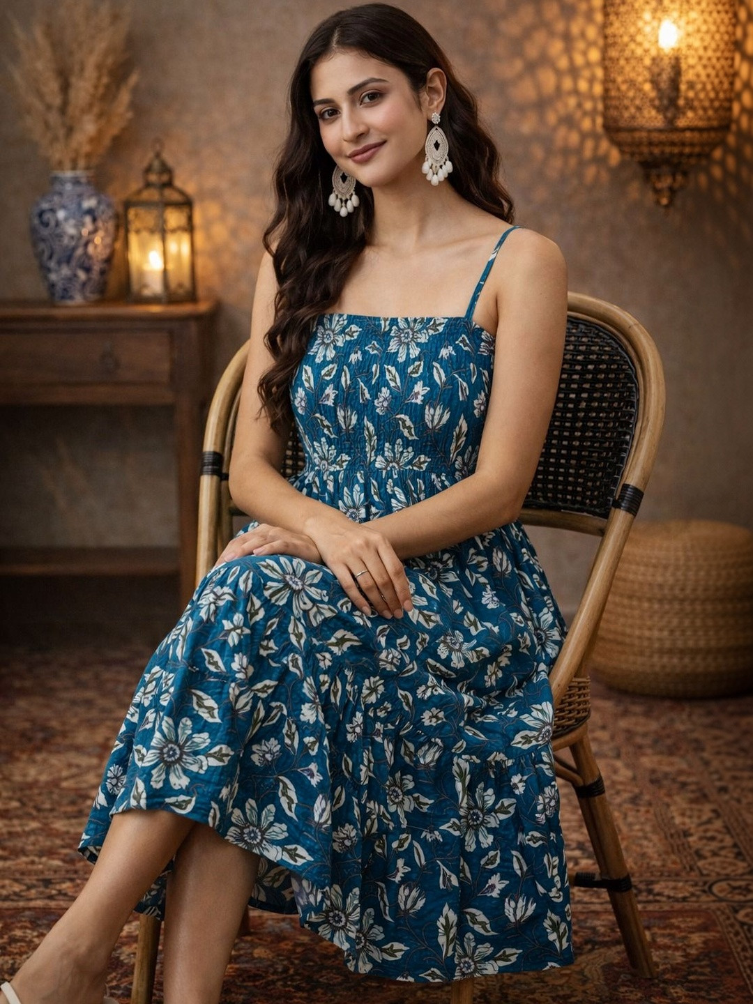 Demirner Floral Print A-Line Midi Dress