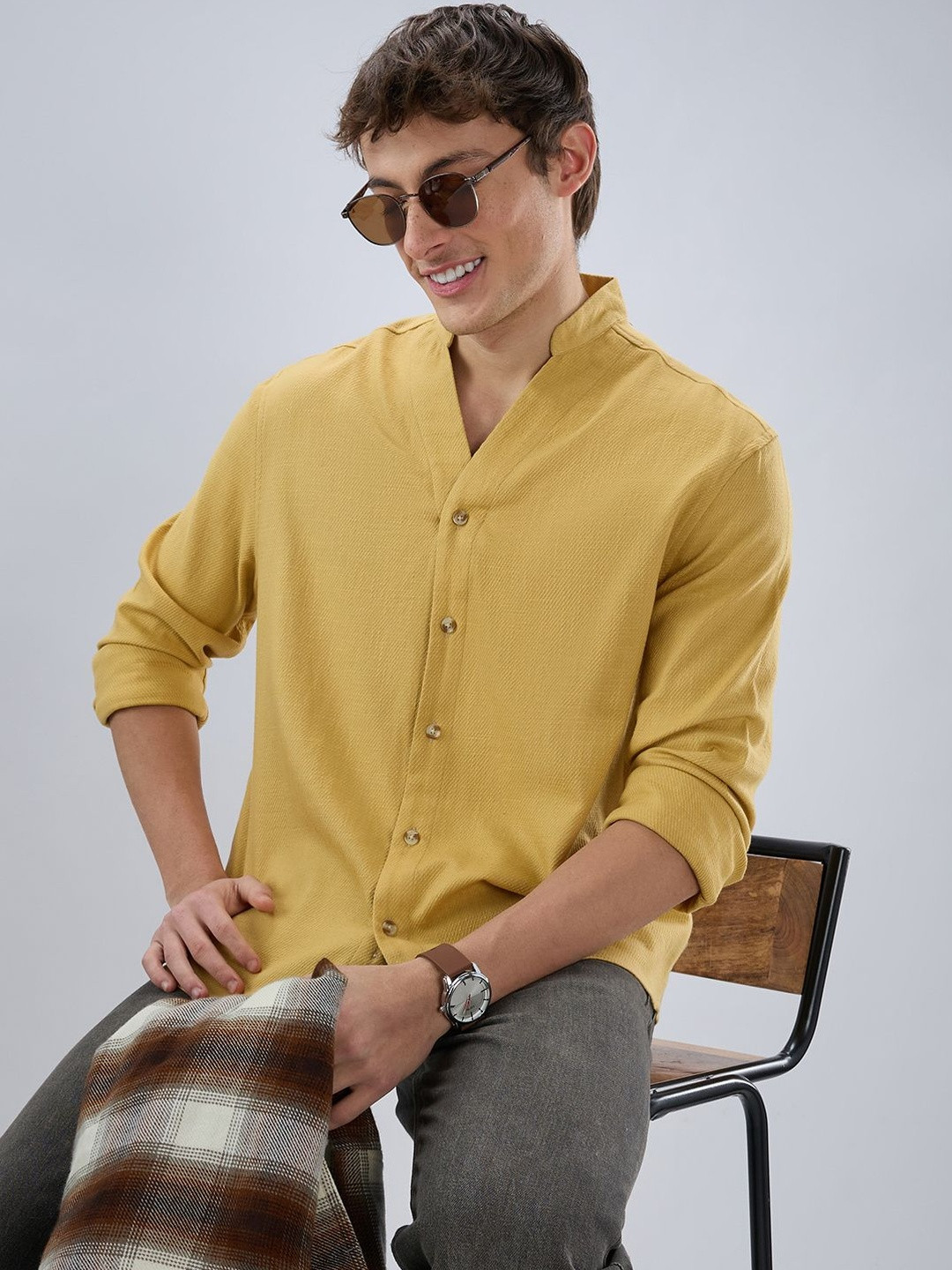 VASTRADO Soft Honey Yellow Diagonal Textured Stand Collar Oversized Shirt
