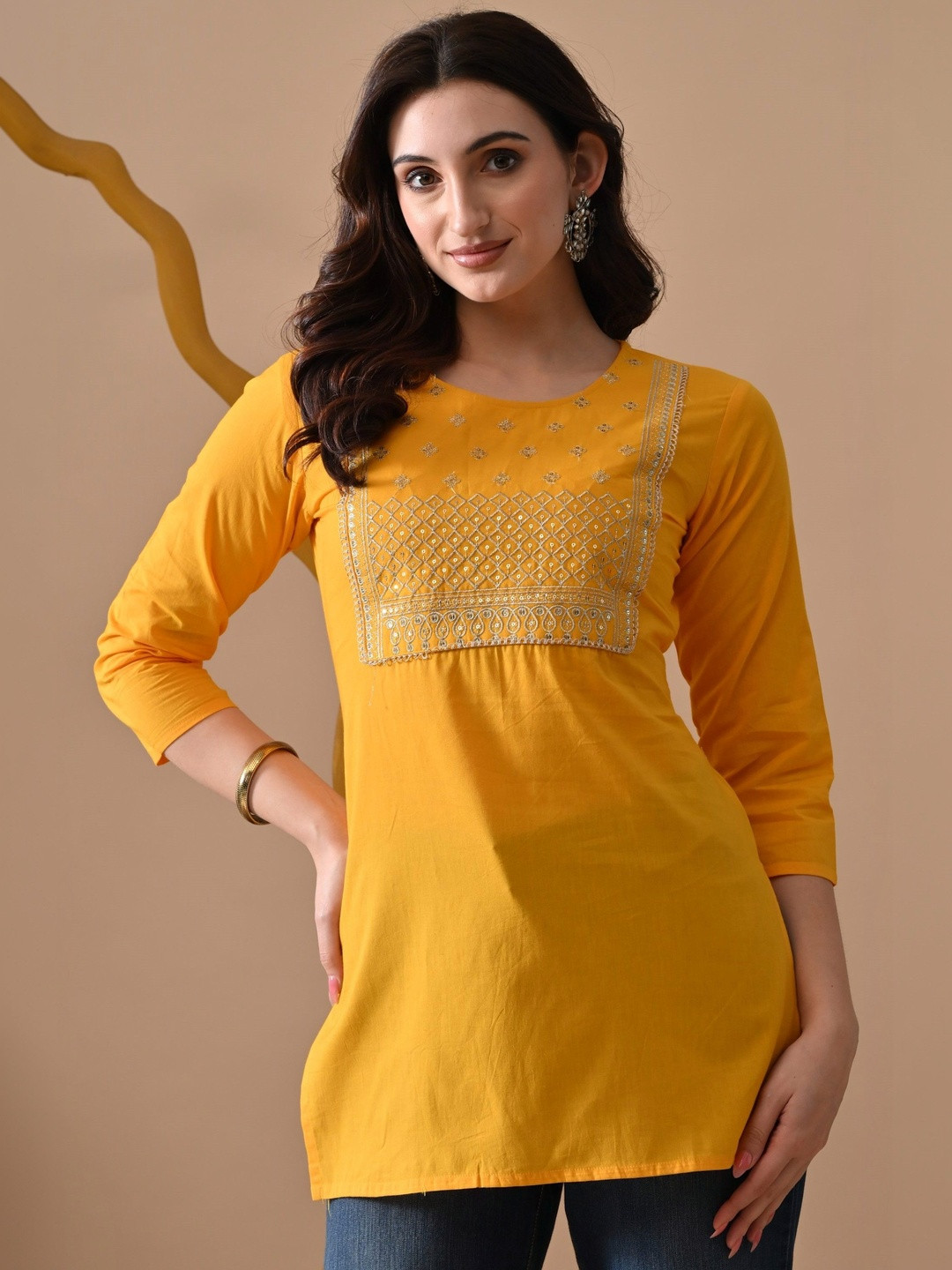 PHYSIL Ethnic Motifs Embellished Sequinned Pure Cotton Sequinned Kurti