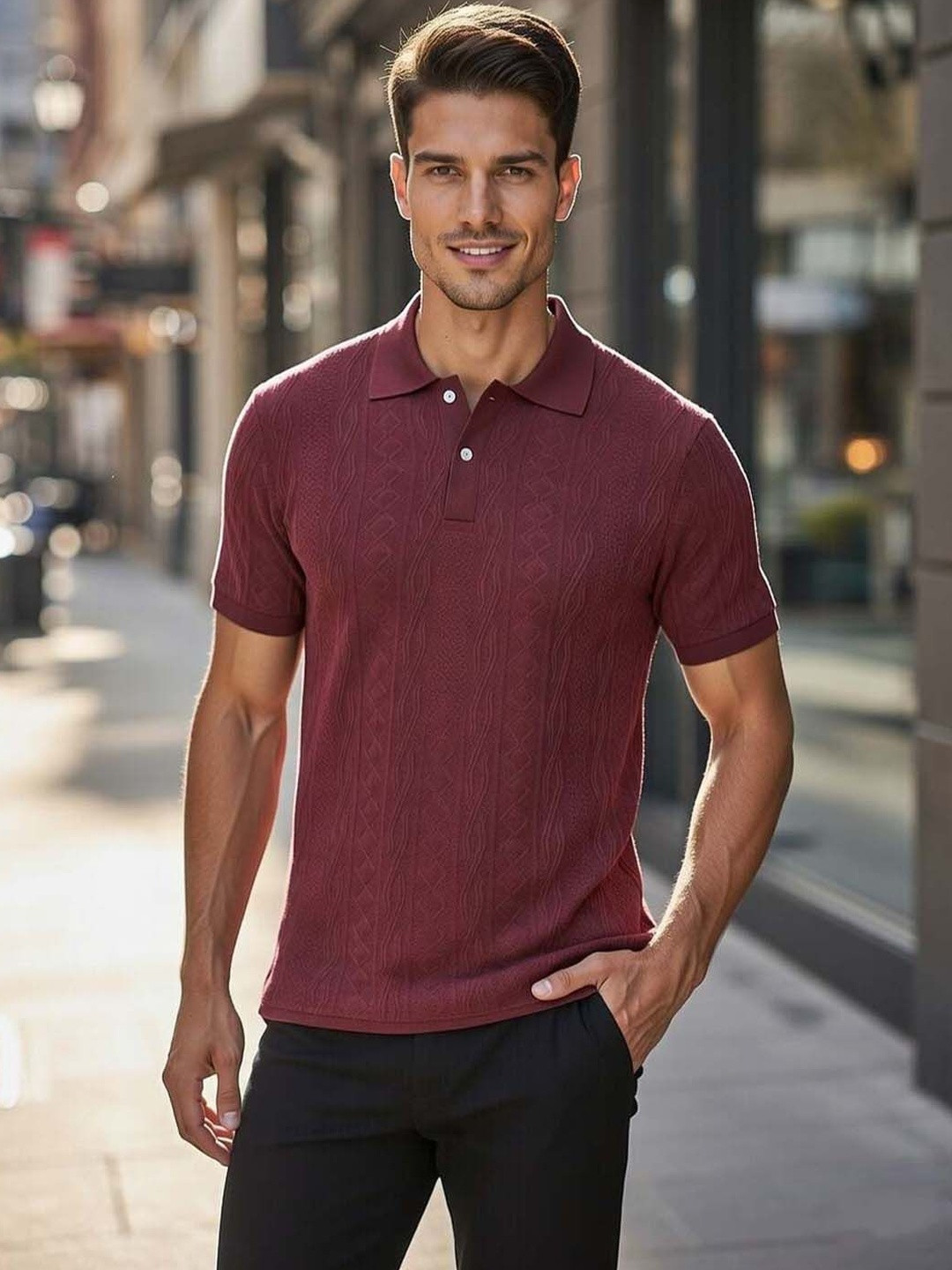 Slim Fit Self Design Polo Collar T-shirt